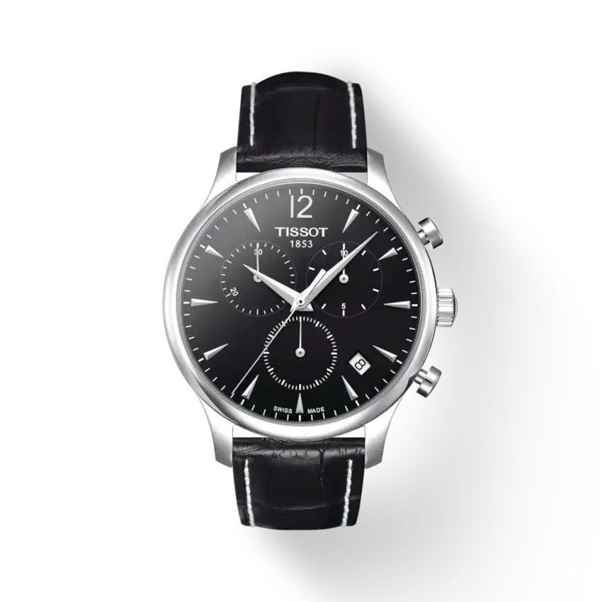 Tissot Tradition Chronograph T063.617.16.057.00 Swiss quartz watch with black dial, stainless steel case, and black leather strap