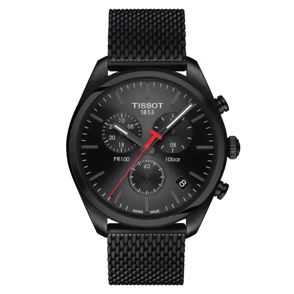 Tissot PR 100 Chronograph Black PVD 41mm Watch with Black Milanese Mesh Bracelet T1014173305100