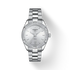 Tissot PR100 Sport Chic 36mm silver dial stainless steel quartz ladies watch with date and rotating bezel on white background
