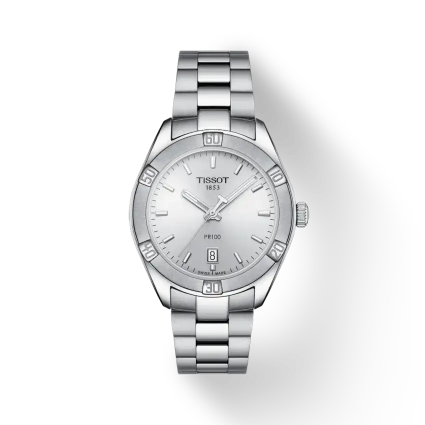 Tissot PR100 Sport Chic 36mm silver dial stainless steel quartz ladies watch with date and rotating bezel on white background