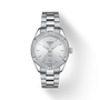 Tissot PR100 Sport Chic 36mm silver dial stainless steel quartz ladies watch with date and rotating bezel on white background