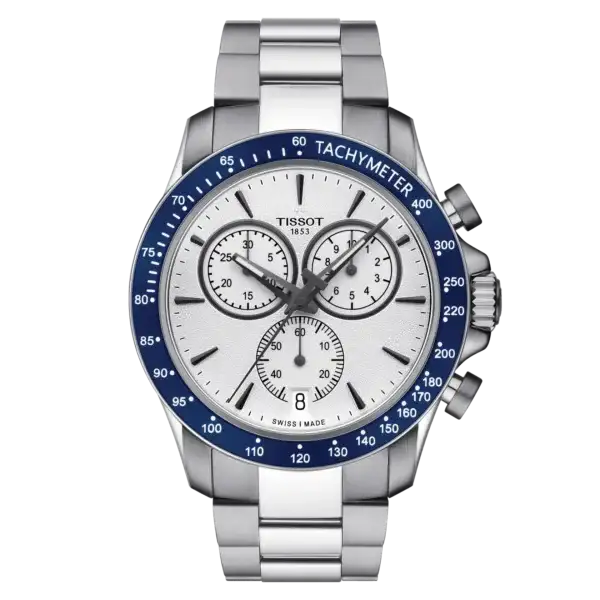 Tissot V8 Quartz Chronograph T1064171103100 silver dial blue tachymeter bezel stainless steel bracelet watch