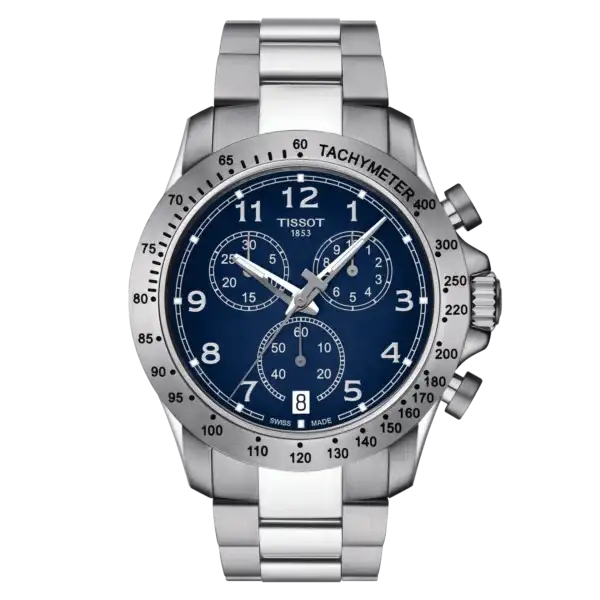Tissot V8 Quartz Chronograph watch with blue dial, Arabic numerals, tachymeter bezel, and stainless steel bracelet T106.417.11.042.00