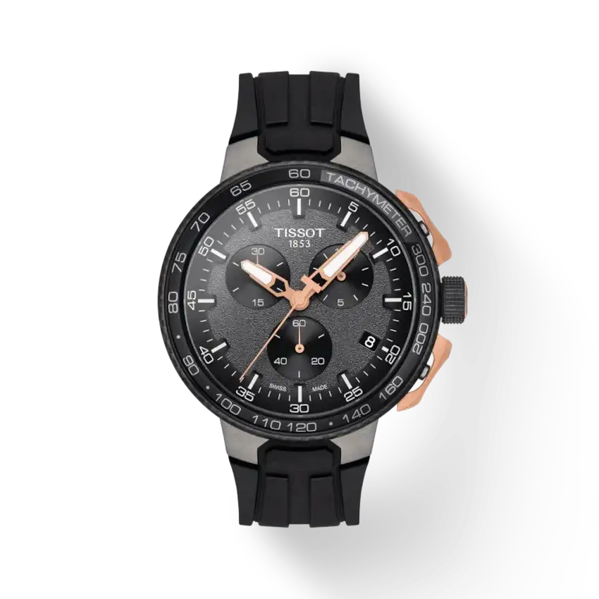 Tissot T-Race Cycling chronograph watch with 44.5mm stainless steel case, black ceramic tachymetre bezel, anthracite dial with rose gold hands, and black rubber strap