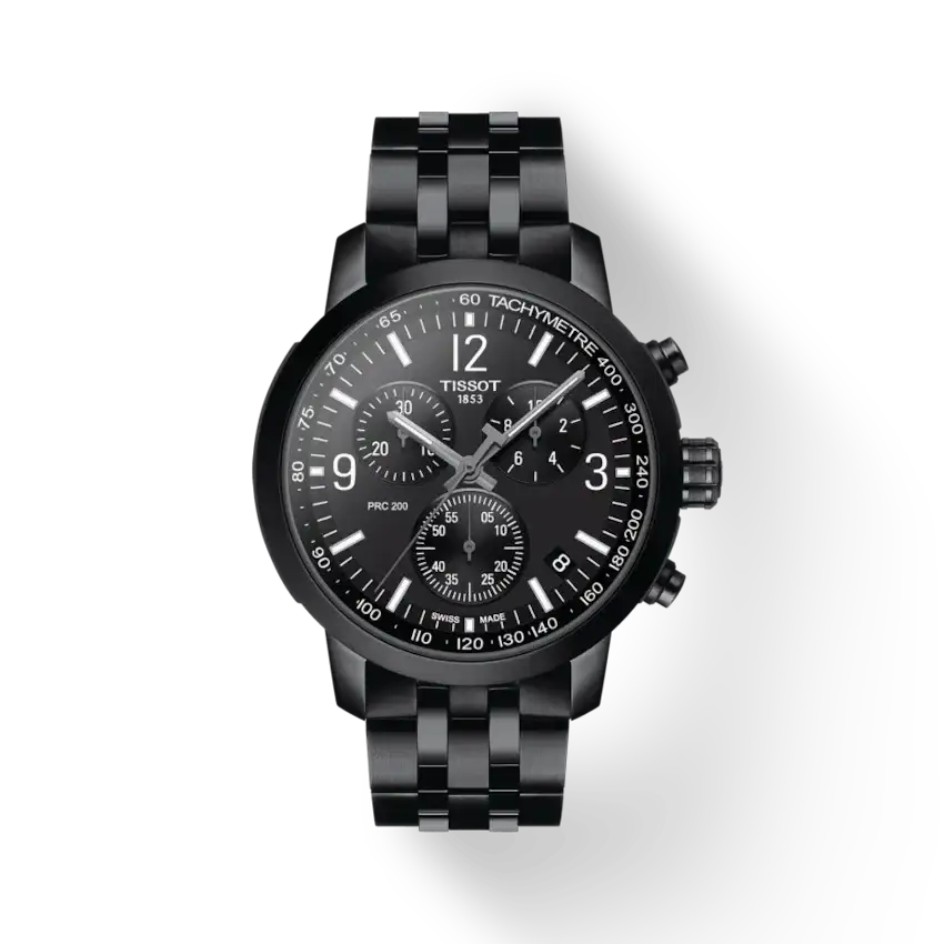 Tissot PRC 200 Chronograph black PVD stainless steel watch with tachymeter bezel and black dial