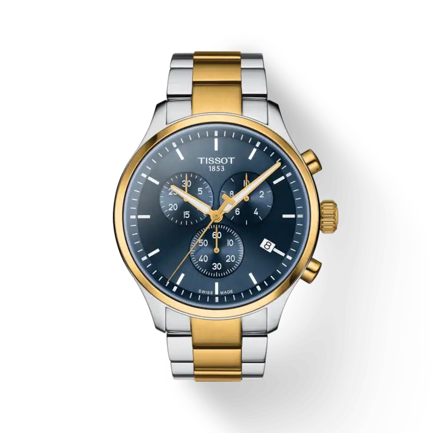 Tissot Chrono XL Classic two-tone stainless steel chronograph watch with blue sunburst dial, gold PVD bezel, three sub-dials, and integrated bracelet reference T116.617.22.041.00
