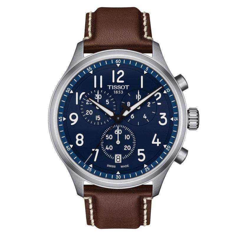 Tissot Chrono XL Vintage T116.617.16.042.00 blue dial quartz chronograph watch with 45mm stainless steel case and brown leather strap