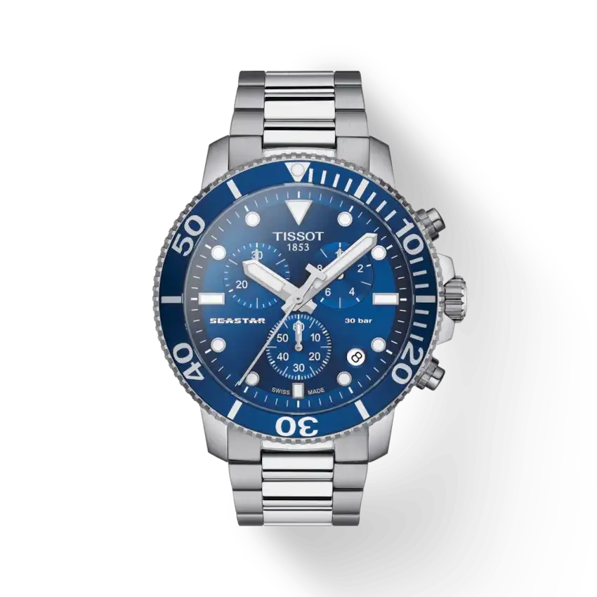 Tissot Seastar 1000 Chronograph T120.417.11.041.00 blue dial stainless steel dive watch with rotating bezel and bracelet