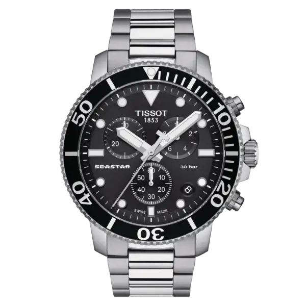 Tissot Seastar 1000 Chronograph black dial dive watch with stainless steel bracelet and unidirectional rotating bezel