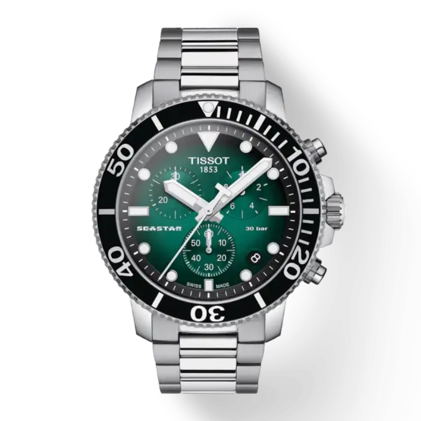Tissot Seastar 1000 Chronograph 45.5mm green gradient dial with three sub-dials and date window
