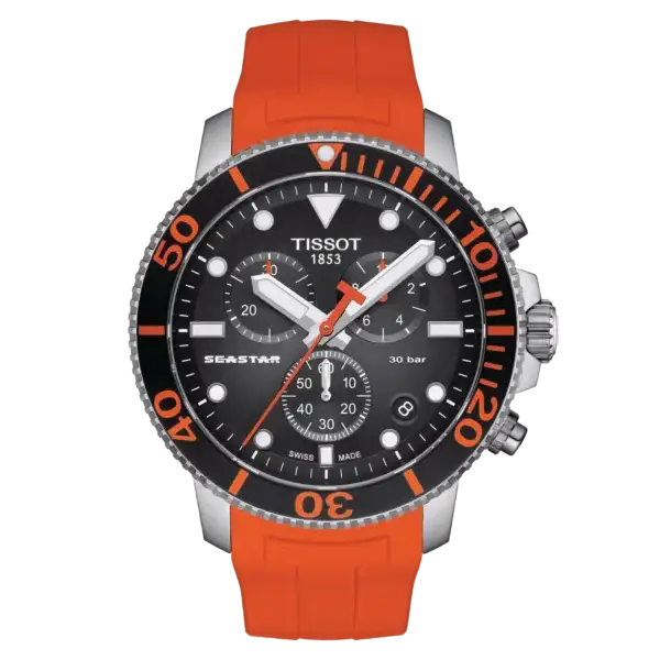 Tissot Seastar 1000 Chronograph black dial orange bezel dive watch with rubber strap reference T120.417.17.051.01