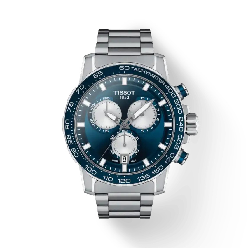 Tissot Supersport Chrono T1256171104100 blue dial chronograph watch with stainless steel bracelet and tachymeter bezel