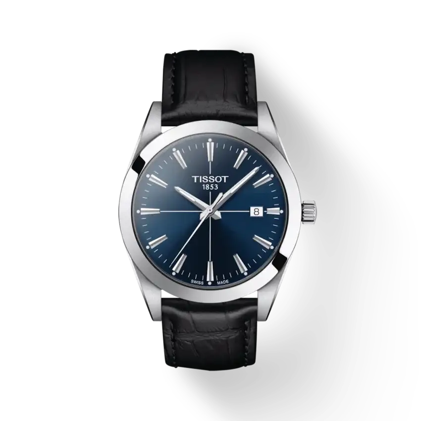 Tissot Gentleman T127.410.16.041.00 Swiss quartz watch with blue sunray dial, 40mm stainless steel case, and brown embossed leather strap