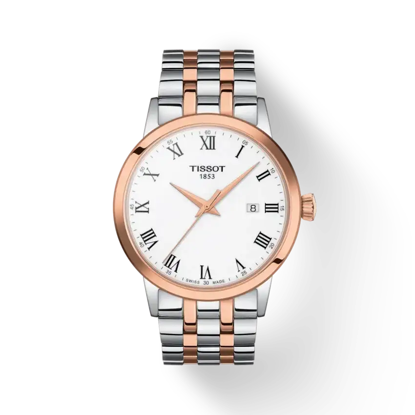 Tissot Classic Dream T129.410.22.013.00 two-tone rose gold and stainless steel quartz watch with white Roman dial and sapphire crystal