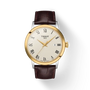 Tissot Classic Dream T129.410.26.263.00 two-tone quartz watch with cream Roman numeral dial and brown embossed leather strap on white background