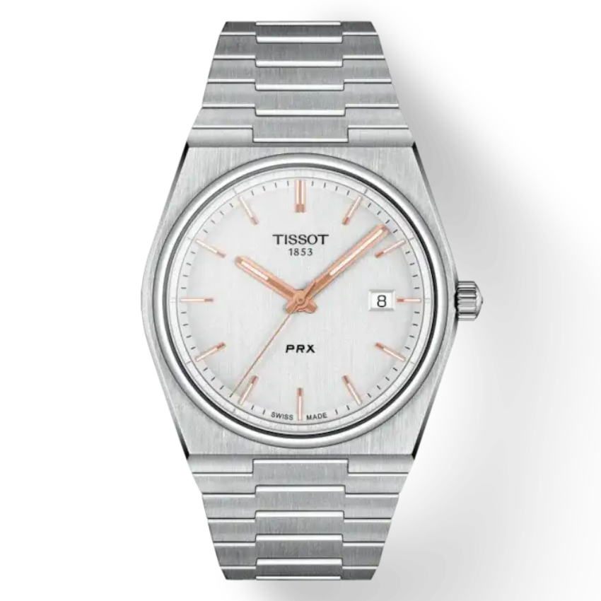 Tissot PRX Quartz 40 mm silver sunray dial with rose gold-tone indices