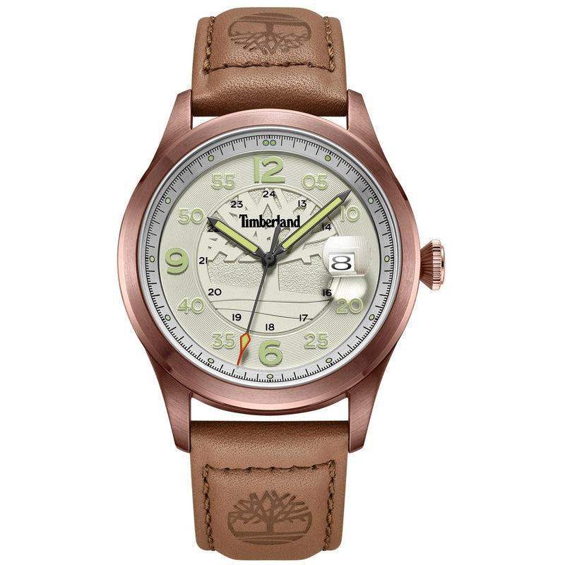 Timberland Cornwall TDWGB2237503 quartz watch with bronze-tone stainless steel case, beige dial with date display, and brown leather strap