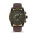 Timberland Fitzwilliam TDWGF2202001 dual time chronograph watch with 45mm black IP steel case, khaki textured dial, and brown leather strap