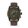 Timberland Fitzwilliam TDWGF2202001 dual time chronograph watch with 45mm black IP steel case, khaki textured dial, and brown leather strap