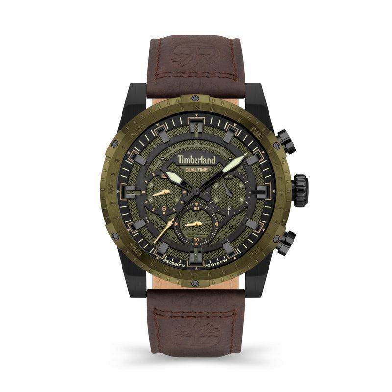 Timberland Fitzwilliam TDWGF2202001 dual time chronograph watch with 45mm black IP steel case, khaki textured dial, and brown leather strap