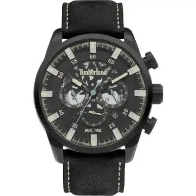 Timberland Henniker III TDWGF2100601 gunmetal chronograph watch with black skeleton dial and leather strap