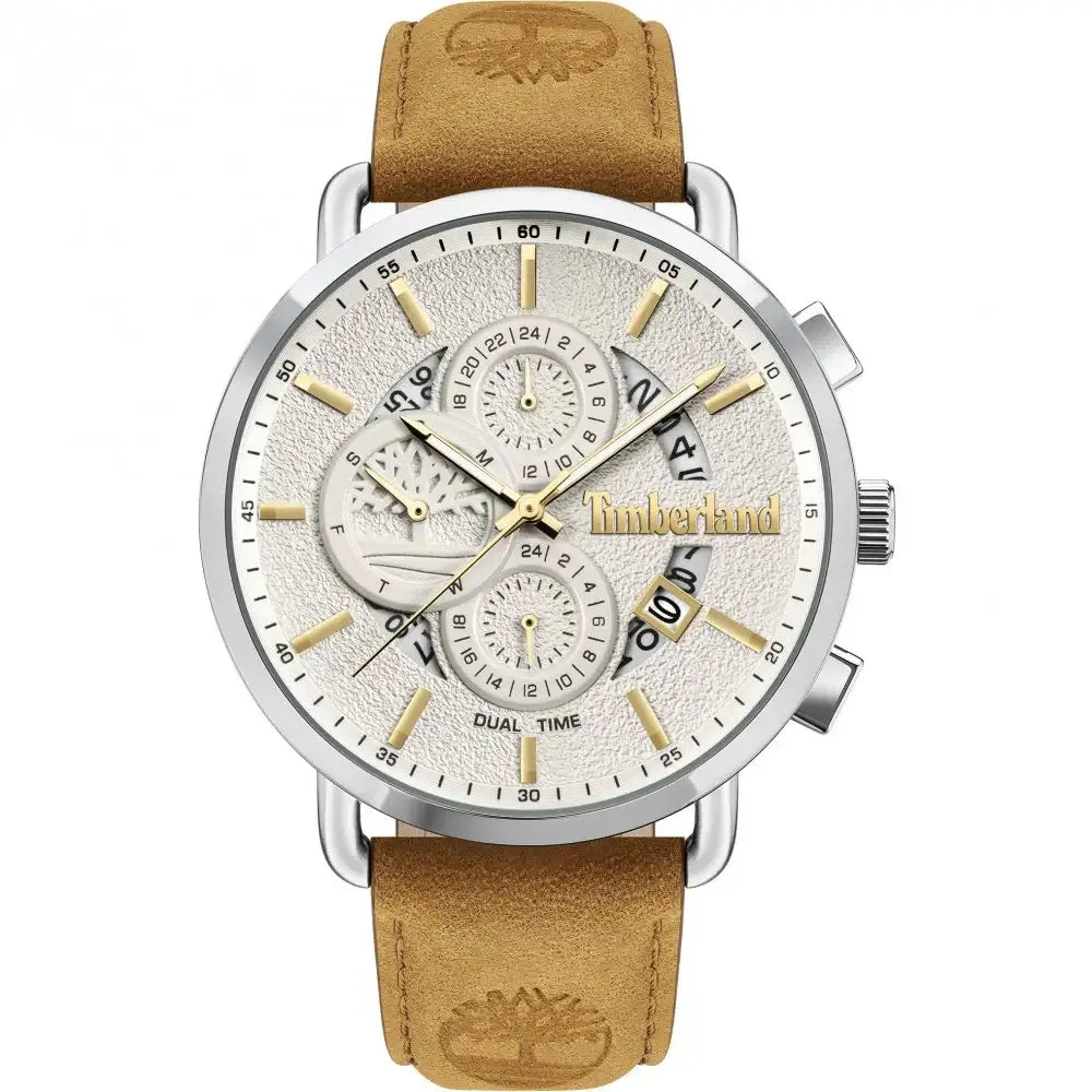 Timberland Lindenwood TDWJF2001201 dual-time quartz watch with silver textured dial, gold-tone indices, and tan leather strap on white background