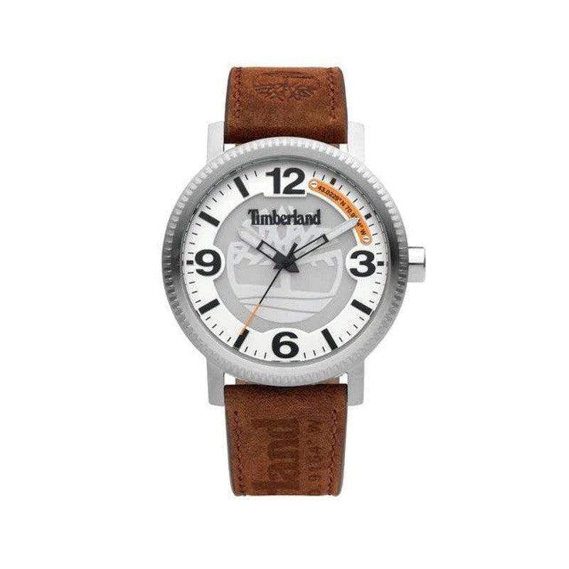 Timberland Scusset TDWGA2101502 quartz watch with 44mm stainless steel case, silver dial with embossed logo, and brown leather strap