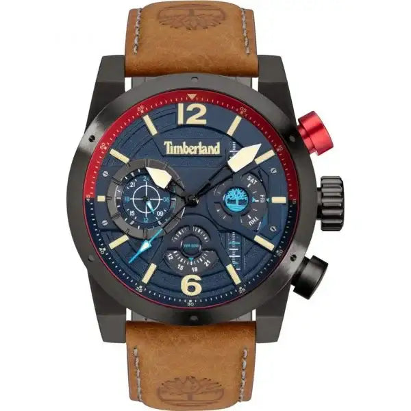 Timberland Holyoke TDWGF2100003 chronograph watch with 46mm black PVD stainless steel case, dark blue multi-layer dial, red inner bezel, and brown leather strap with contrast stitching