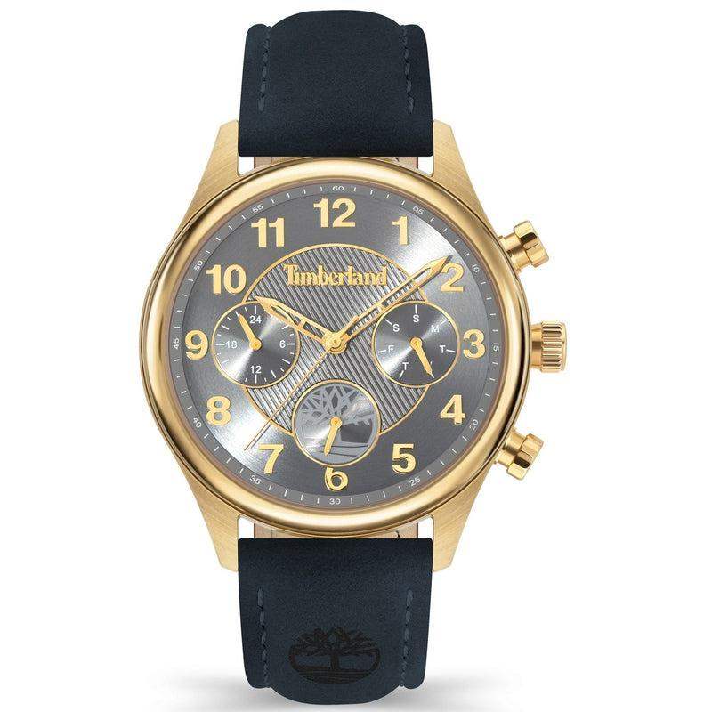 Timberland Ballardvale TDWLF2200102 ladies chronograph watch with IP gold-plated case, grey guilloche dial, Arabic numerals, and navy blue leather strap