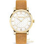 Timberland Trailmark TDWLA2104502 ladies quartz watch with white textured dial, gold tone 38mm case and tan embossed leather strap