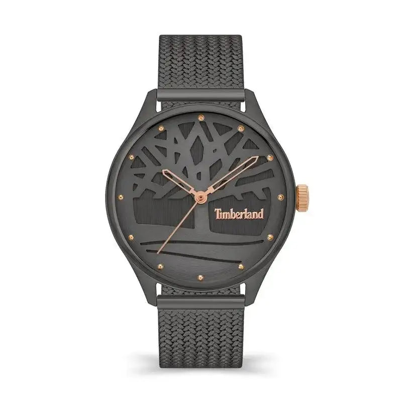 Timberland Lincolndale TDWLG2200301 grey dial quartz watch with cutout tree logo design and textured leather strap
