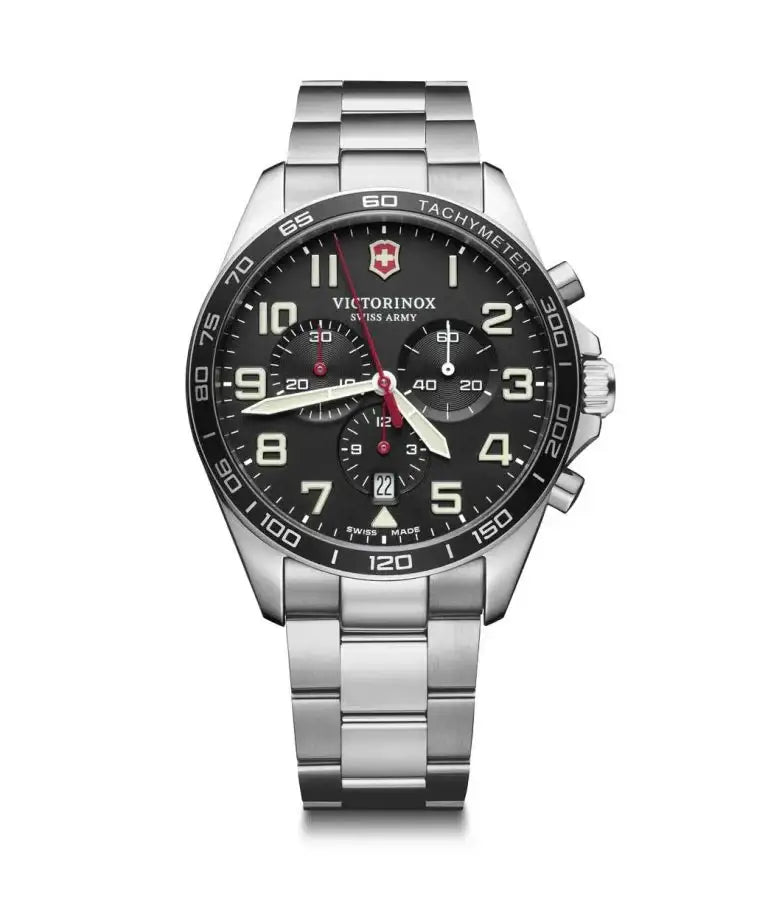 Victorinox FieldForce Chronograph 241855 Swiss quartz watch with black dial, stainless steel case and bracelet, tachymeter bezel and luminous hands