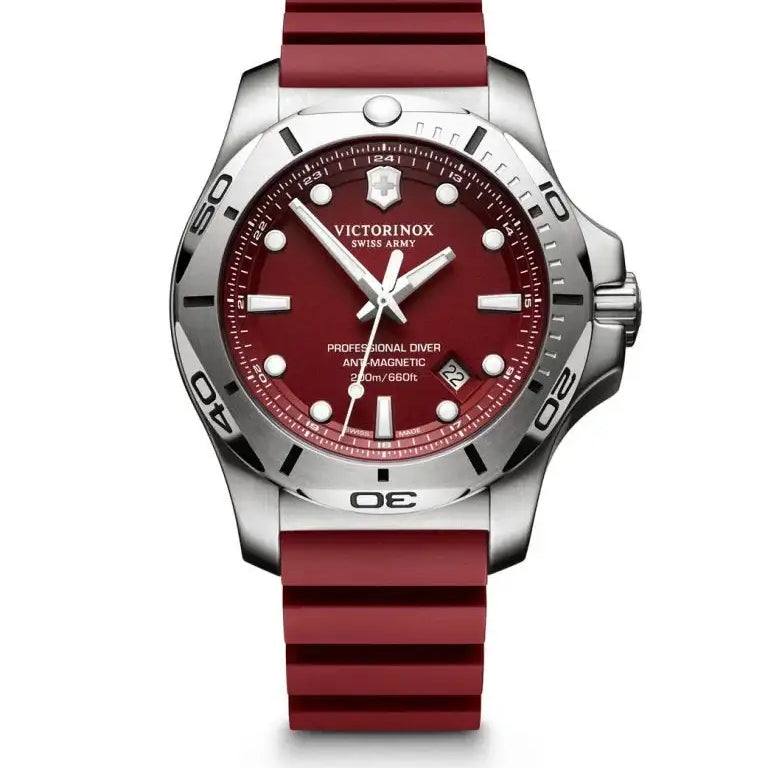Victorinox I.N.O.X. Professional Diver 241736 red dial 45mm stainless steel dive watch with burgundy rubber strap and rotating bezel