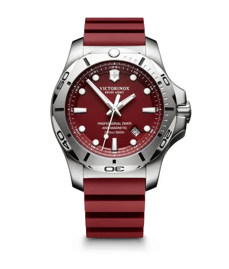 Victorinox I.N.O.X. Professional Diver 241736 red dial 45mm stainless steel dive watch with burgundy rubber strap and rotating bezel