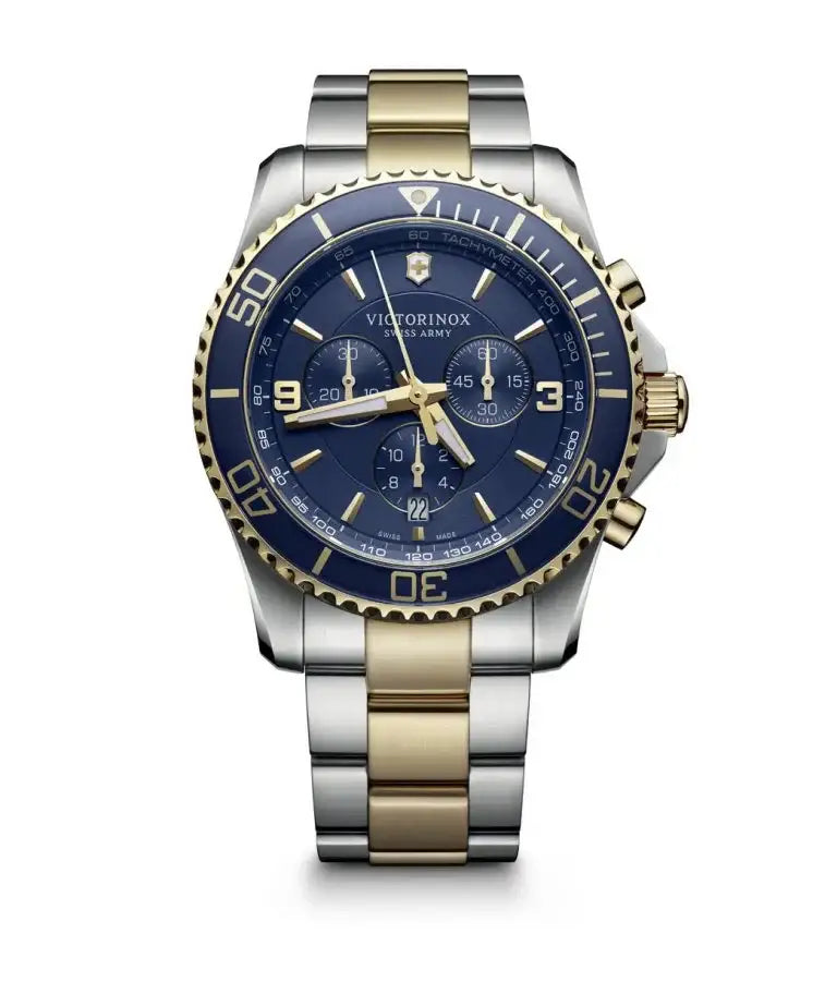 Victorinox Maverick Chronograph 241791 blue dial two-tone stainless steel gold PVD Swiss quartz watch with unidirectional bezel