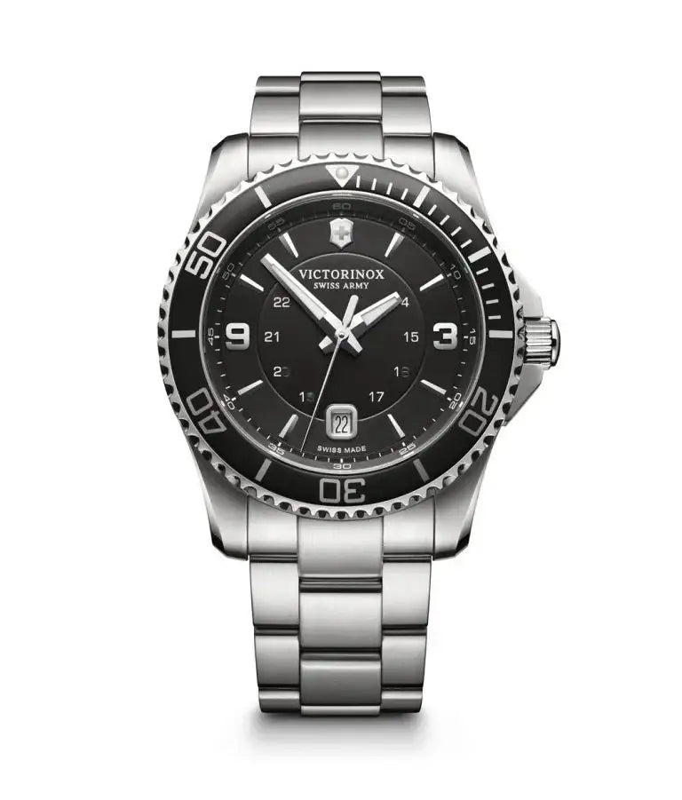 Victorinox Maverick 241697 Swiss quartz diver watch with black dial, 43mm stainless steel case, and rotating bezel