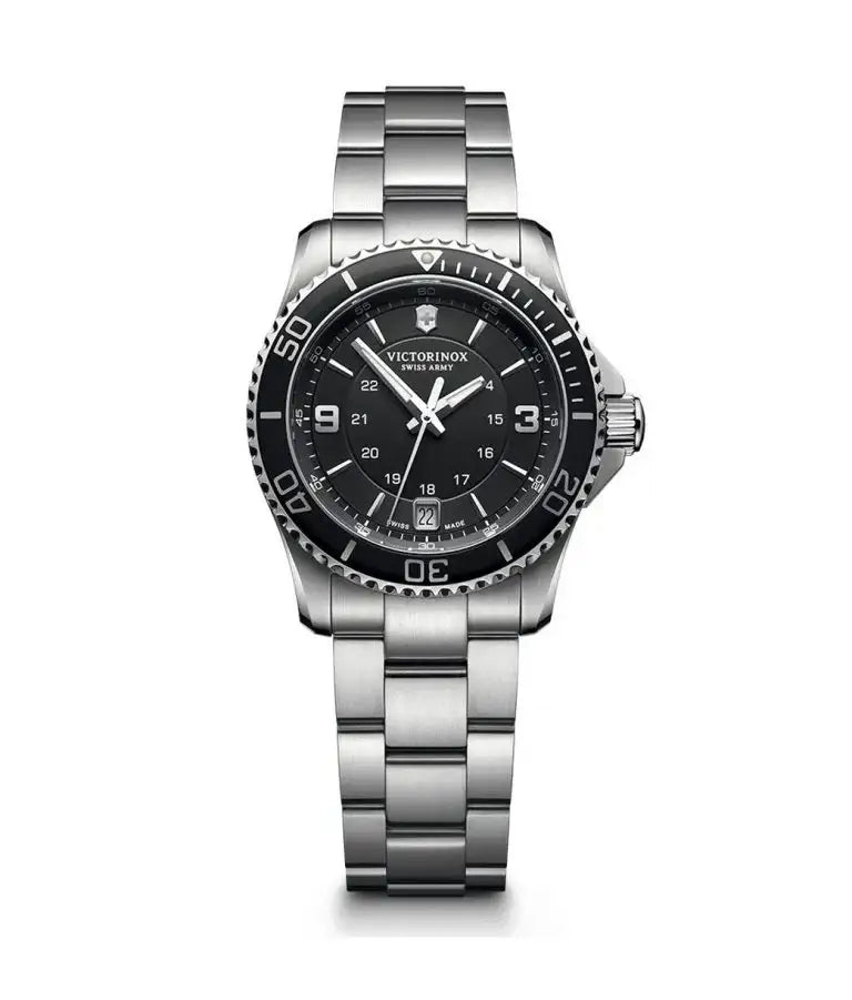 Victorinox Maverick Small 241701 34mm black dial Swiss quartz diver watch with stainless steel bracelet and rotating bezel