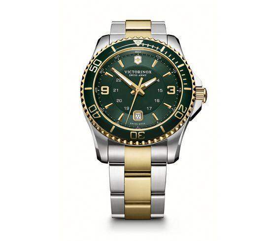 Victorinox Maverick 241605 two-tone stainless steel watch with green sunray dial, rotating bezel, and date window