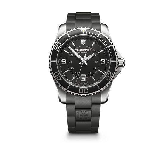Victorinox Maverick 241698 Swiss quartz watch with 43mm stainless steel case black dial rotating bezel and black rubber strap