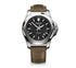 Victorinox I.N.O.X. Mechanical 241836 automatic watch with black textured dial, 43mm stainless steel case, and olive-green textile strap with protective bumper
