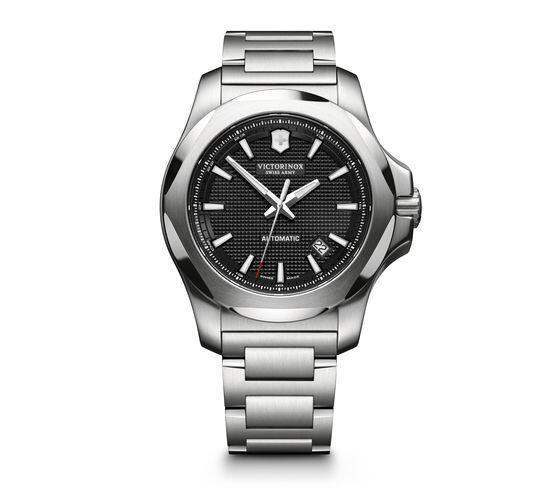 Victorinox I.N.O.X. Mechanical 241837 automatic watch with black textured dial and stainless steel bracelet on white background