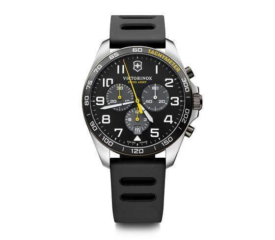 Victorinox Fieldforce Sport Chrono 241892 quartz chronograph watch with black dial, stainless steel case, and black rubber strap