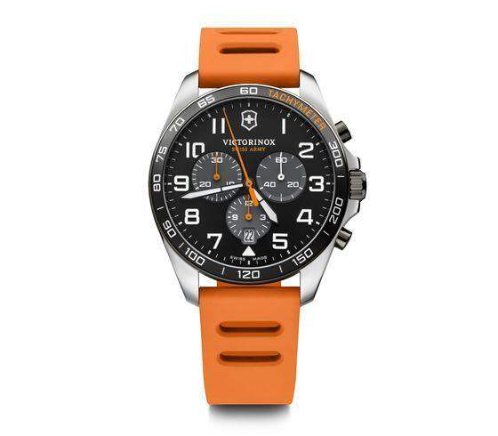 Victorinox FieldForce Sport Chrono 241893 Swiss quartz chronograph watch with black dial, orange rubber strap, and 42mm stainless steel case
