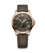 Victorinox Alliance 241908 Swiss quartz watch with dark grey sunray dial, rose gold PVD case, and grey leather strap on white background