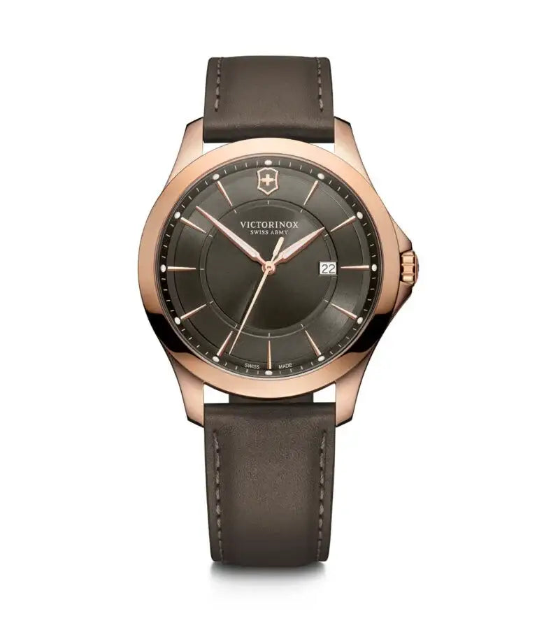 Victorinox Alliance 241908 Swiss quartz watch with dark grey sunray dial, rose gold PVD case, and grey leather strap on white background