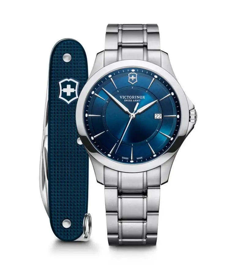 Victorinox Alliance 241910.1 quartz watch with blue sunburst dial on stainless steel bracelet shown with matching blue Alox Swiss Army Knife