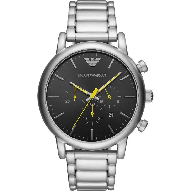Emporio Armani Luigi AR11324 chronograph watch with 46mm stainless steel case, black dial with yellow accents, and stainless steel bracelet