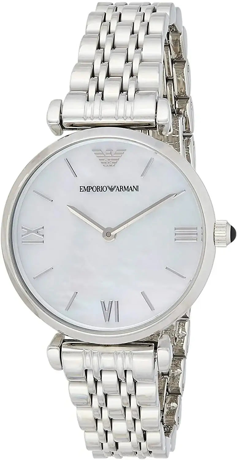 Emporio Armani Gianni T-Bar AR1682 ladies quartz watch with mother-of-pearl dial and stainless steel five-link bracelet
