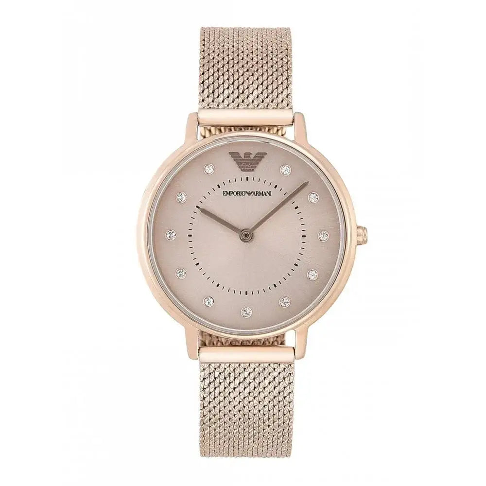 Emporio Armani Kappa AR11129 rose gold quartz watch with crystal dial and mesh bracelet for women