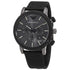 Emporio Armani Luigi AR11409 quartz chronograph watch with black dial, 46mm black ion-plated case, and black nylon strap